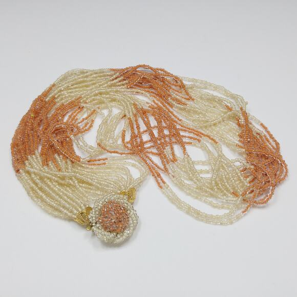 Japan 1950s Multi Strand Glass Seed Bead Necklace Beige Rust Vintage - Picture 3 of 10